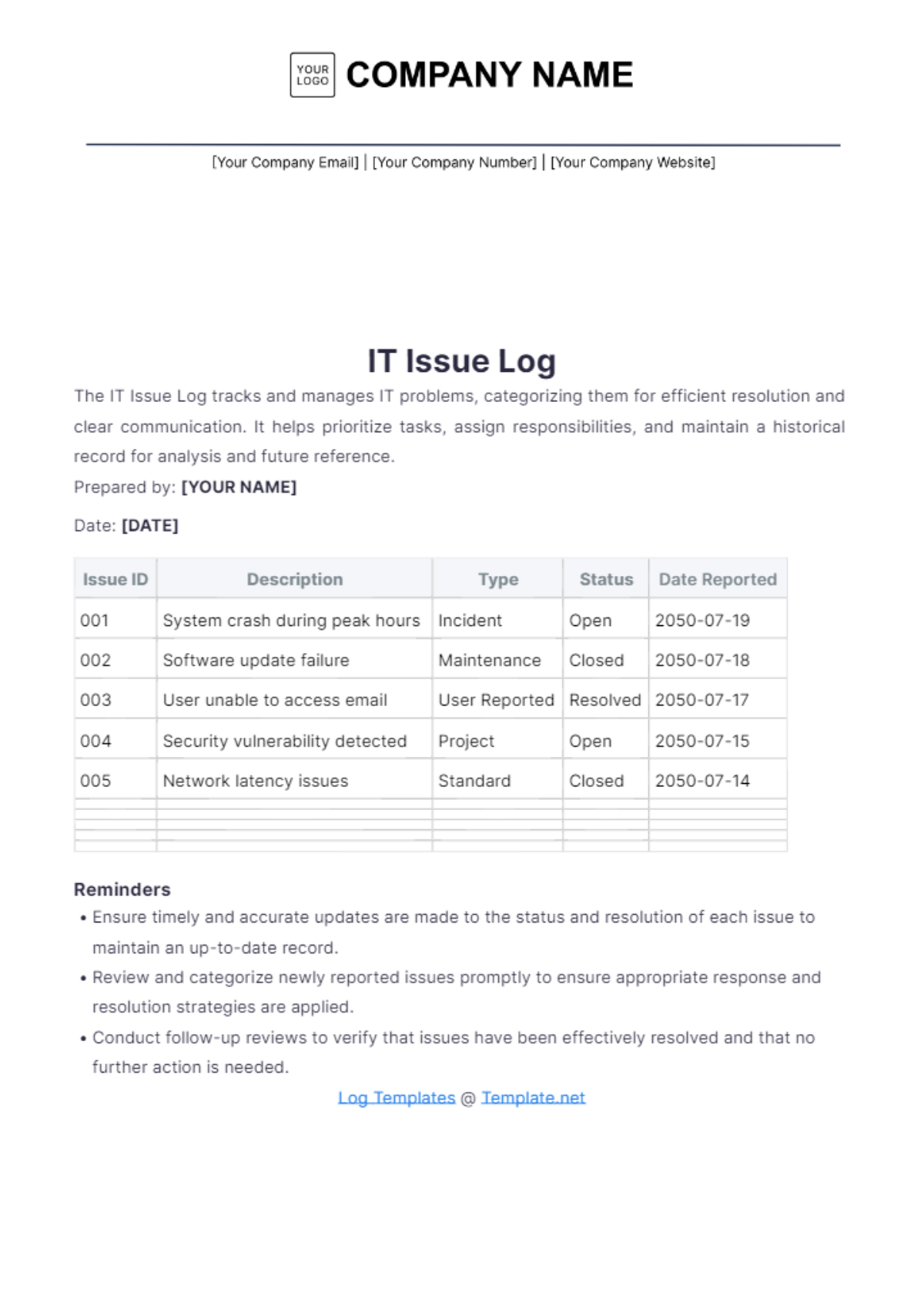 IT Issue Log Template - Edit Online & Download