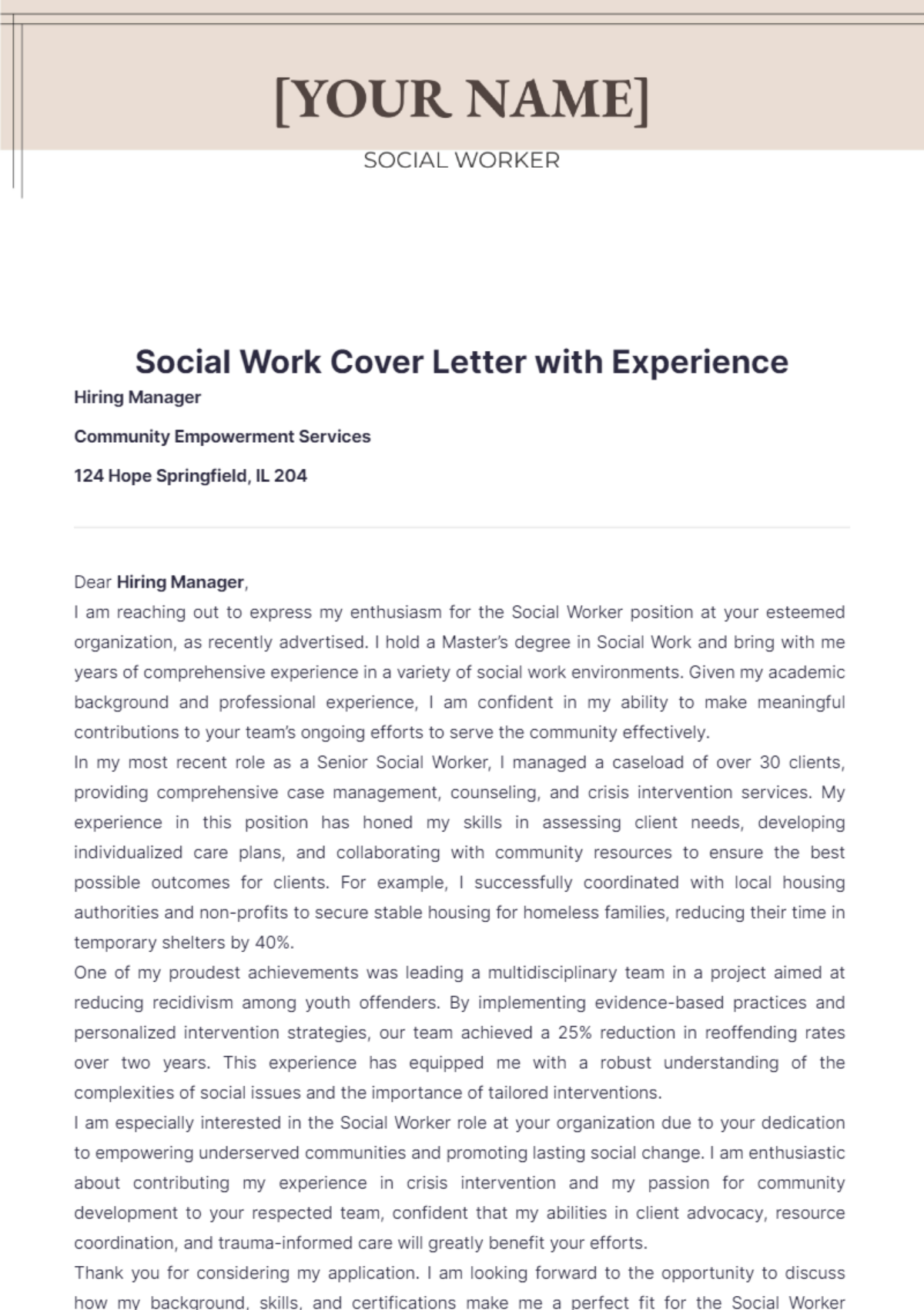 Social Work Cover Letter with Experience - Edit Online & Download