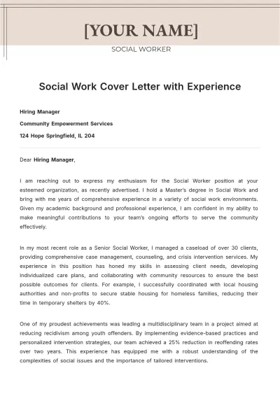 Free Social Work Cover Letter with Experience to Edit Online