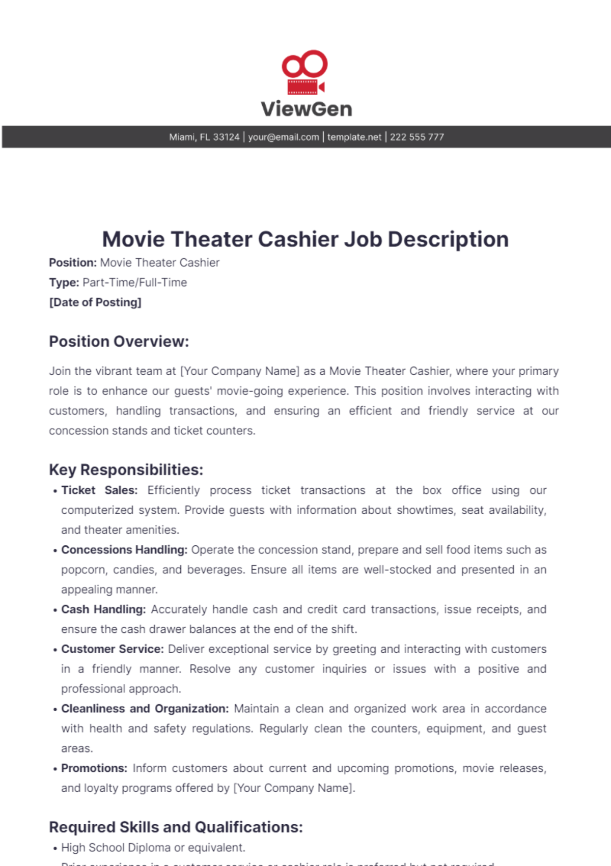 Movie Theater Cashier Job Description Template - Edit Online & Download