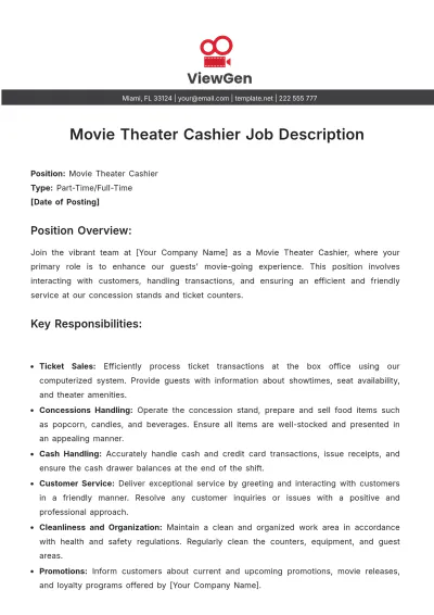 Free Movie Theater Cashier Job Description Template to Edit Online