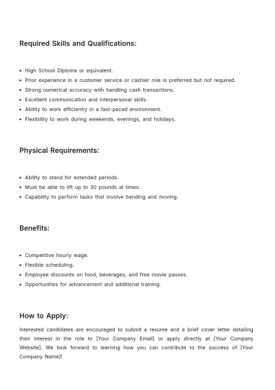 Free Movie Theater Cashier Job Description Template to Edit Online