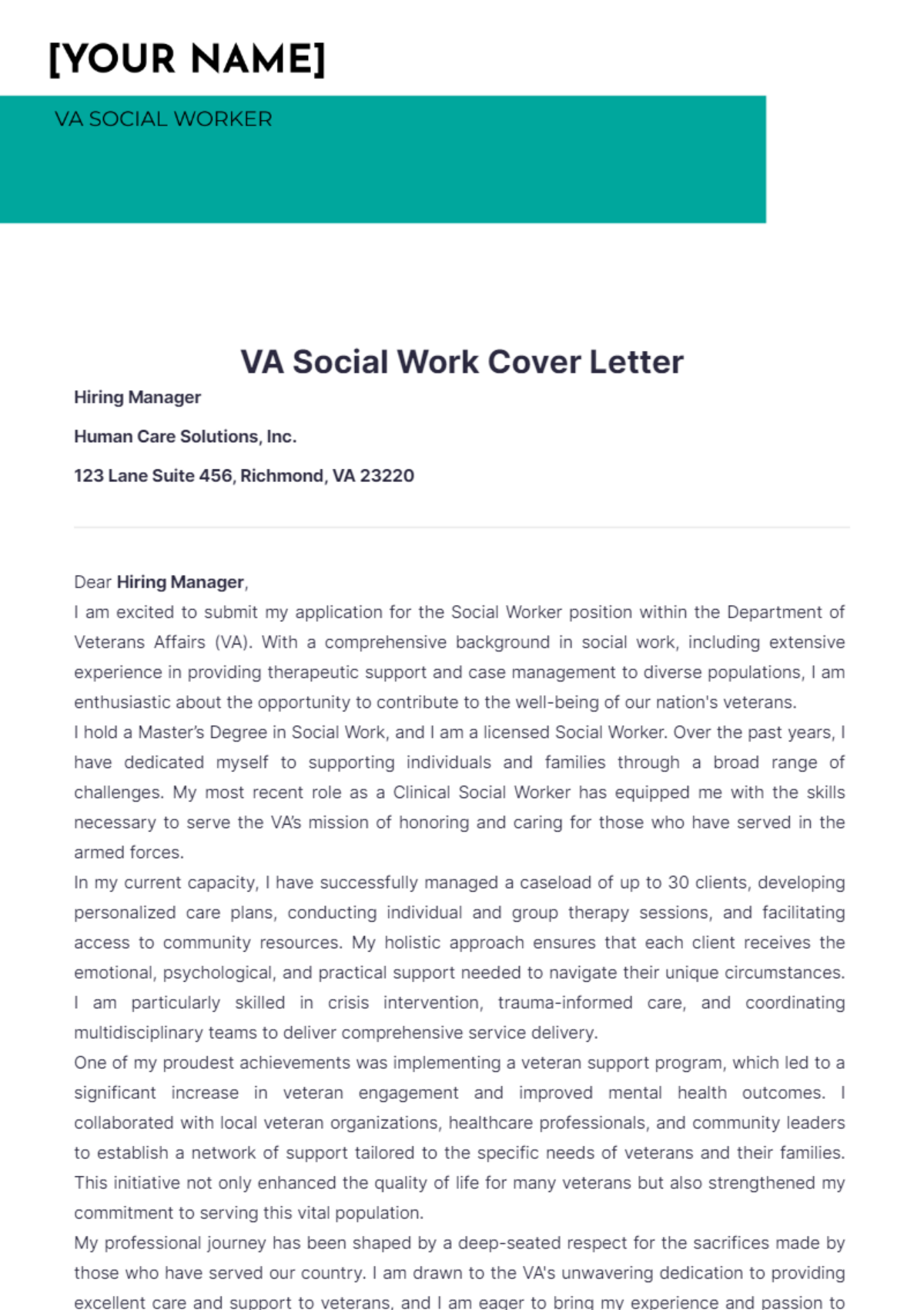 VA Social Work Cover Letter - Edit Online & Download