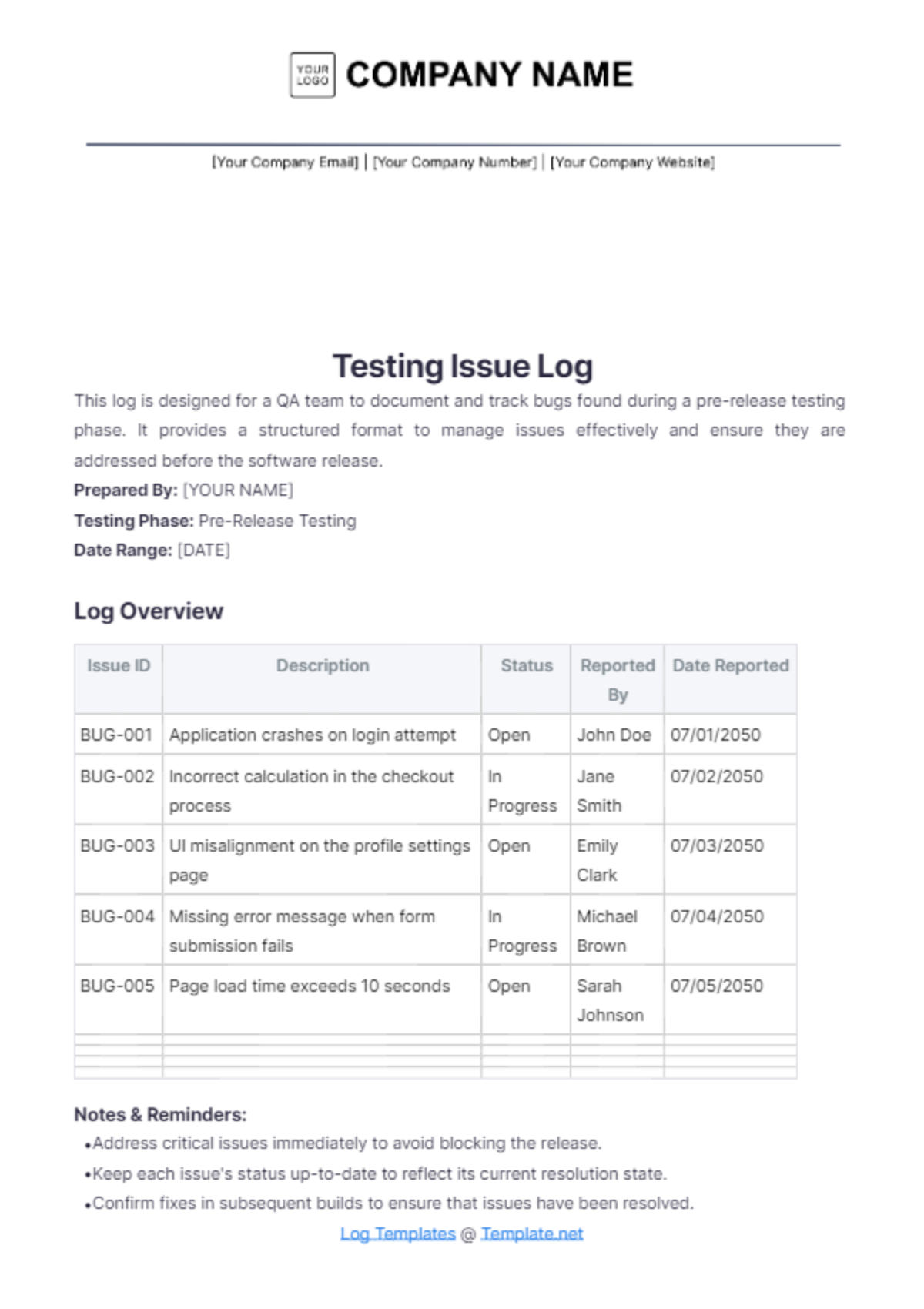 Testing Issue Log Template