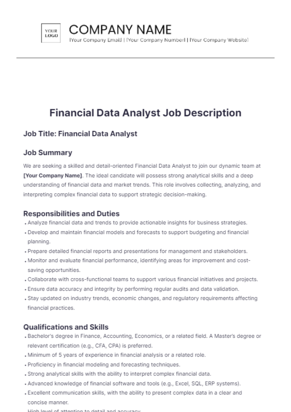 Financial Data Analyst Job Description Template - Edit Online & Download