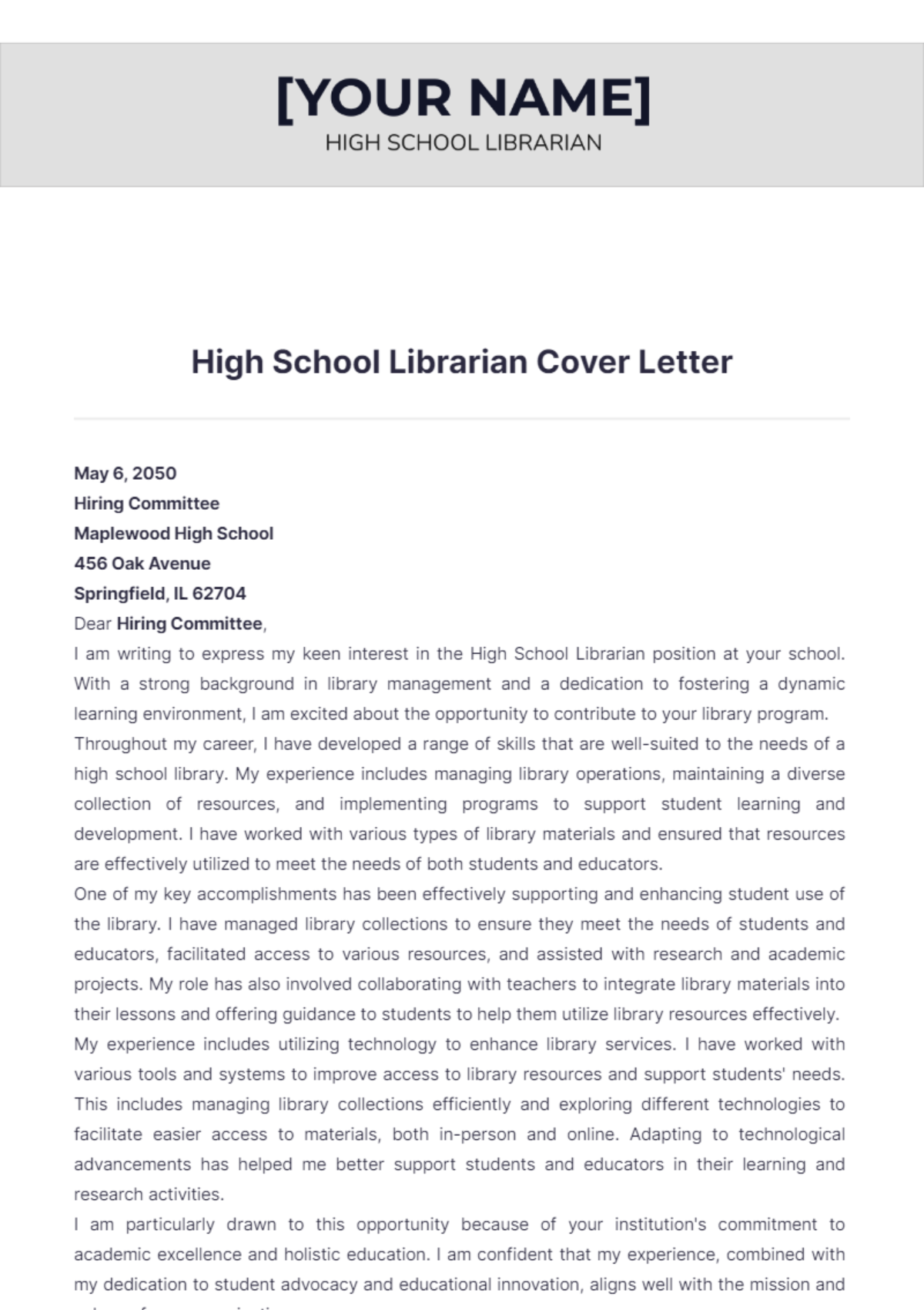 High School Librarian Cover Letter