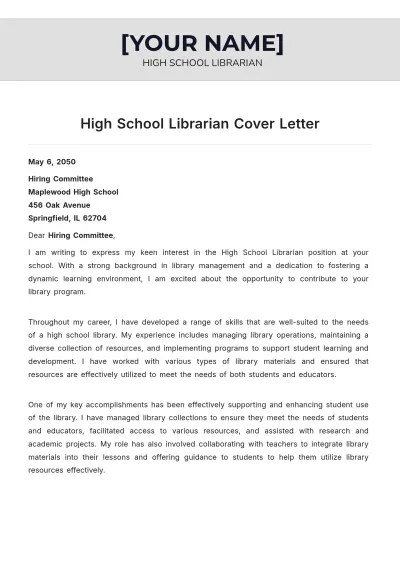 Free High School Librarian Cover Letter to Edit Online