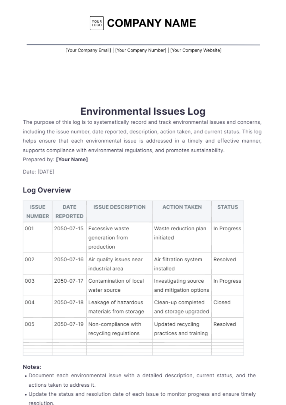 Environmental Issue Log Template - Edit Online & Download