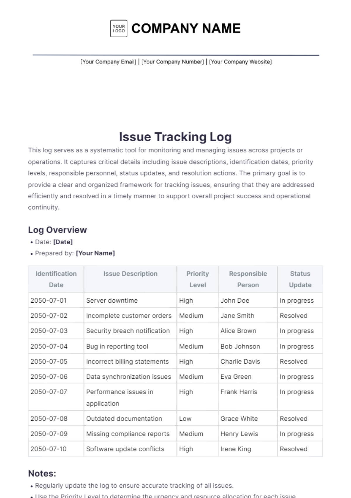 Issue Tracking Log Template - Edit Online & Download