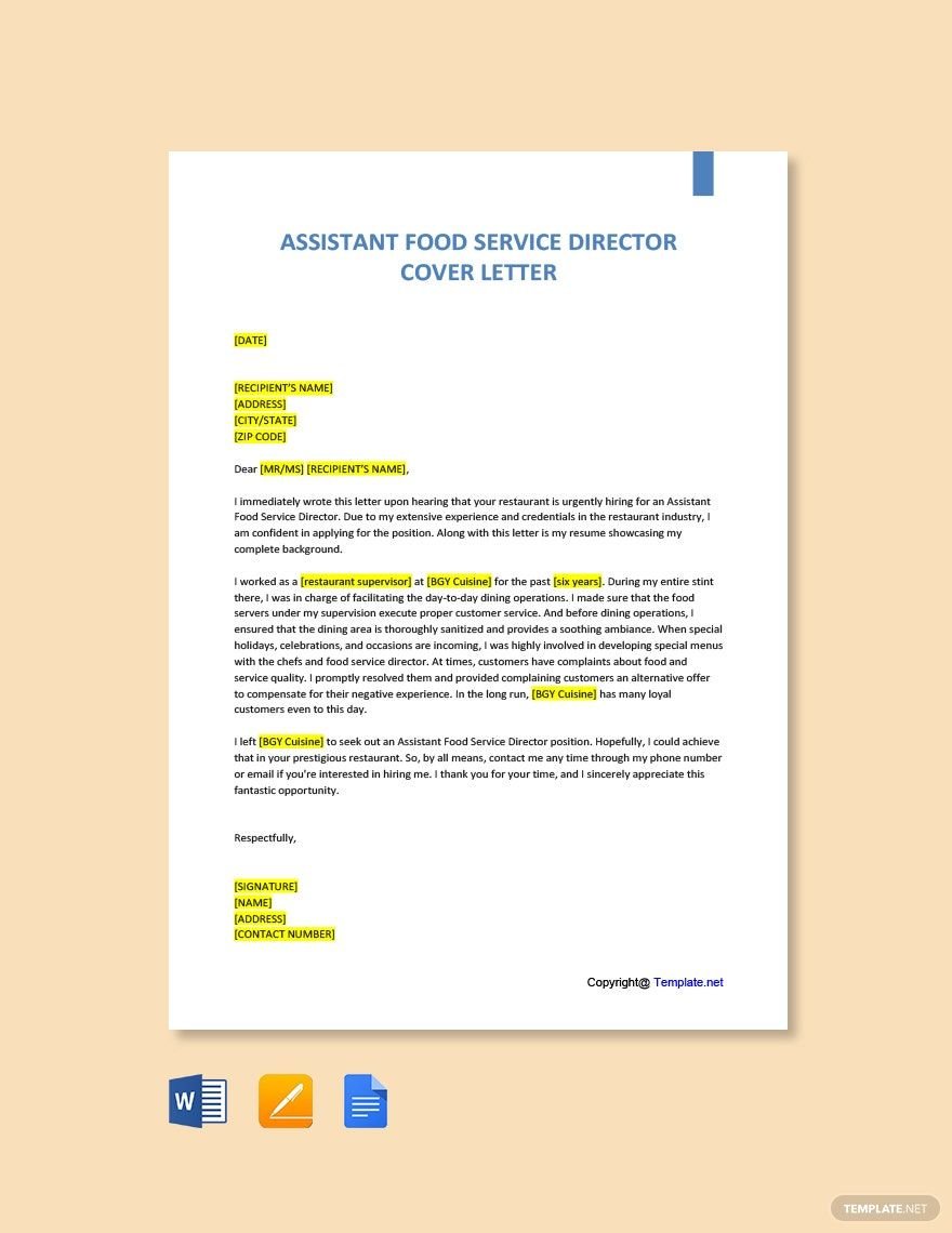 Assistant Food Service Director Cover Letter Template