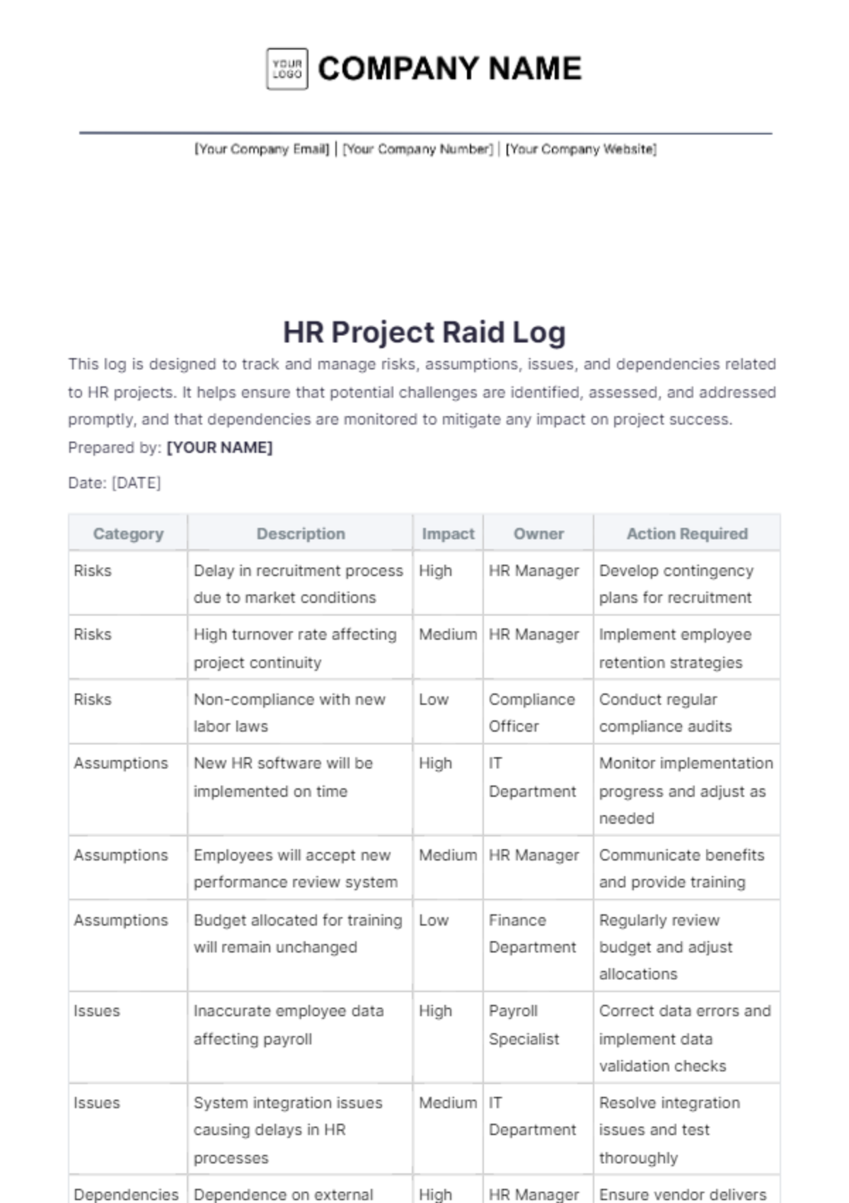 HR Project RAID Log Template - Edit Online & Download