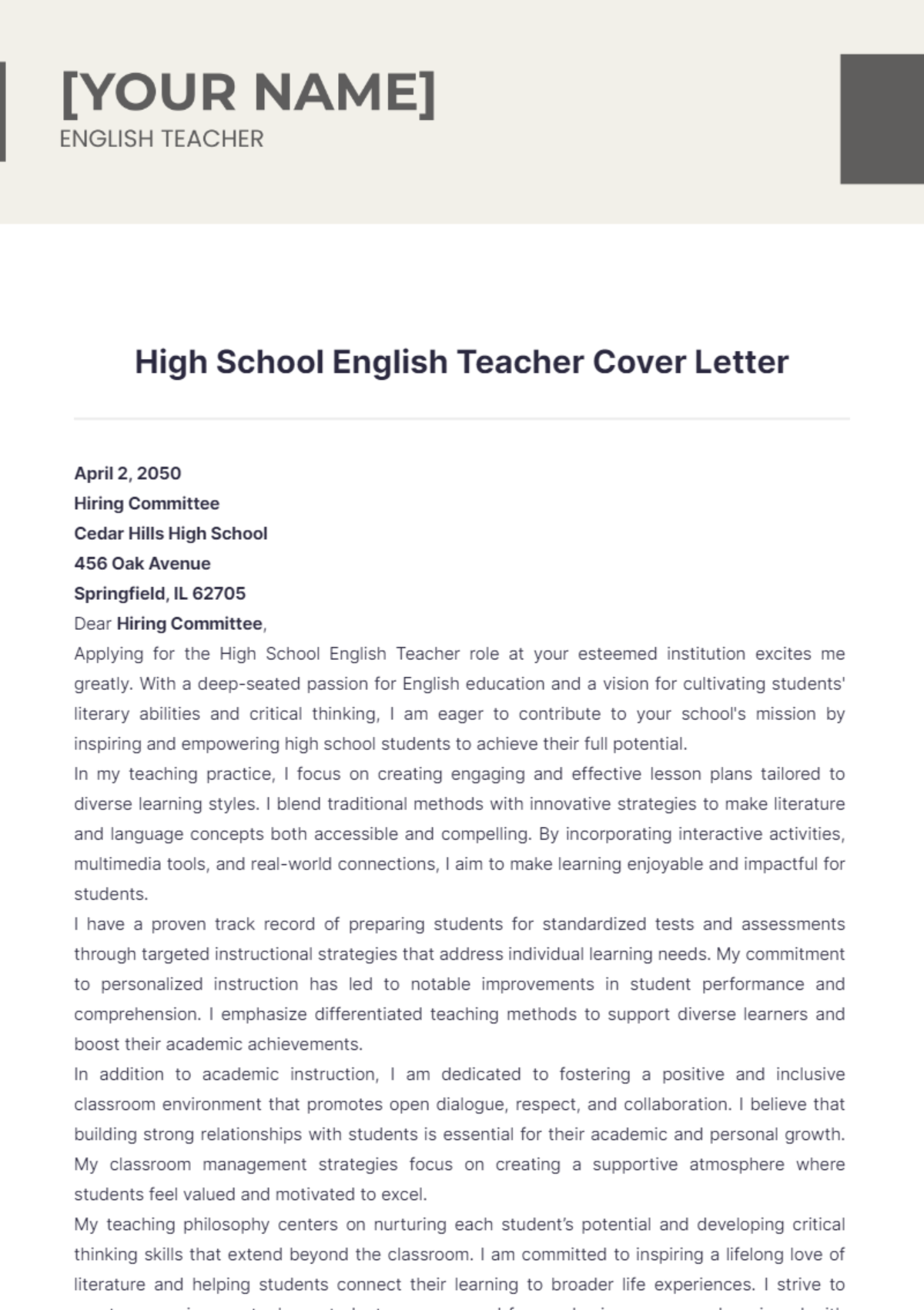 High School English Teacher Cover Letter