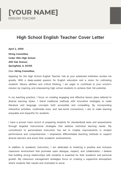 Free High School English Teacher Cover Letter to Edit Online