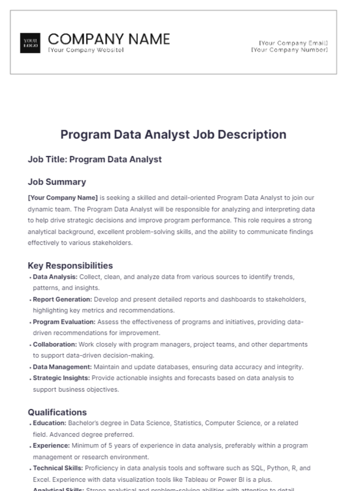 Program Data Analyst Job Description Template - Edit Online & Download