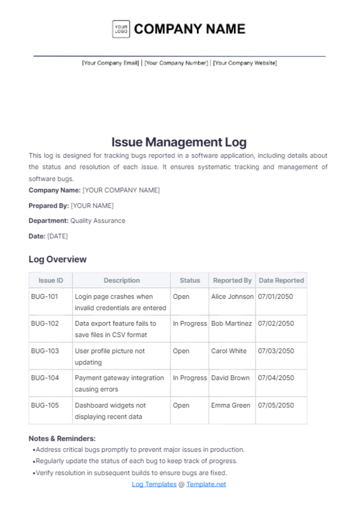 Issue Management Log Template