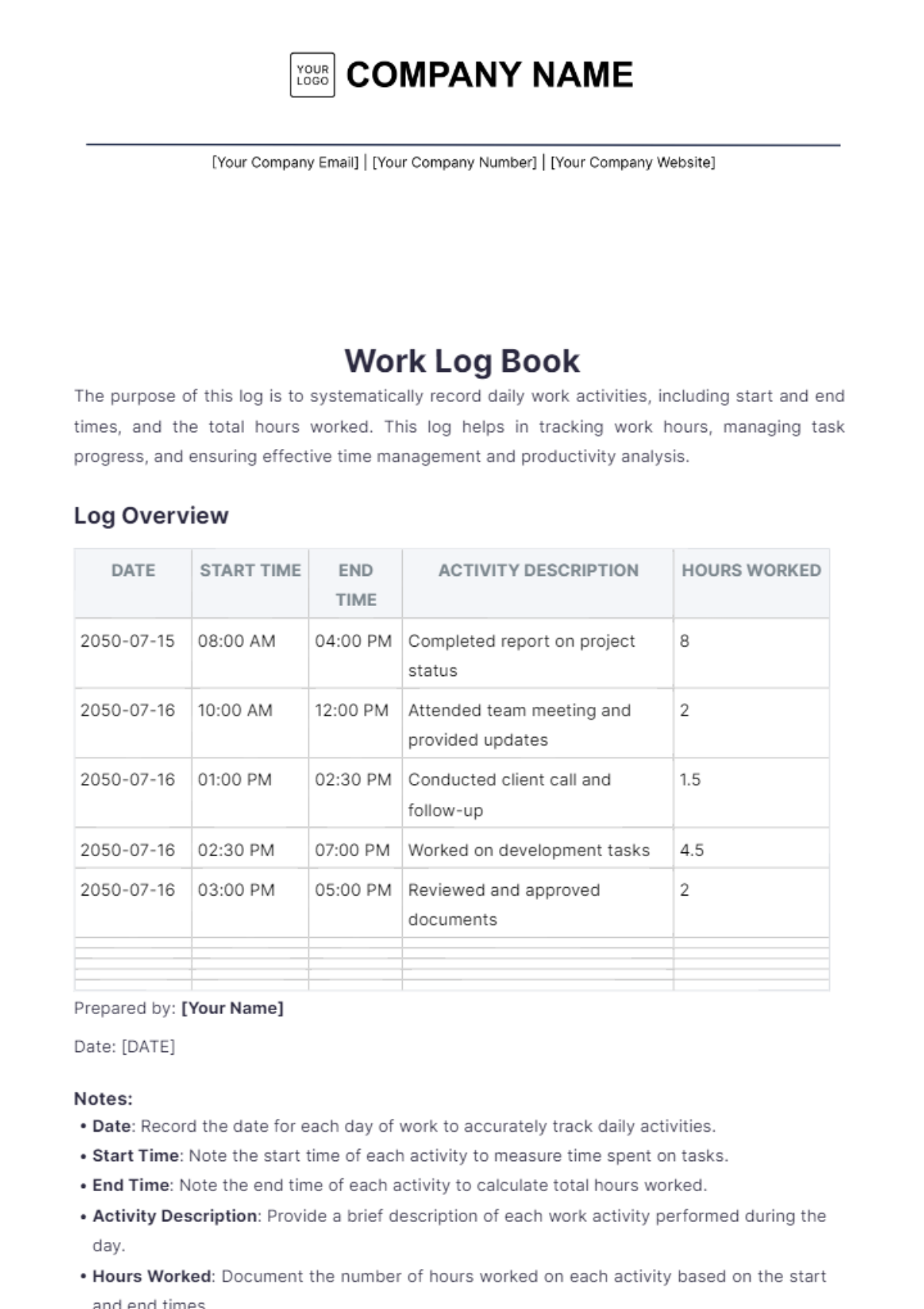 Work Log Book Template - Edit Online & Download