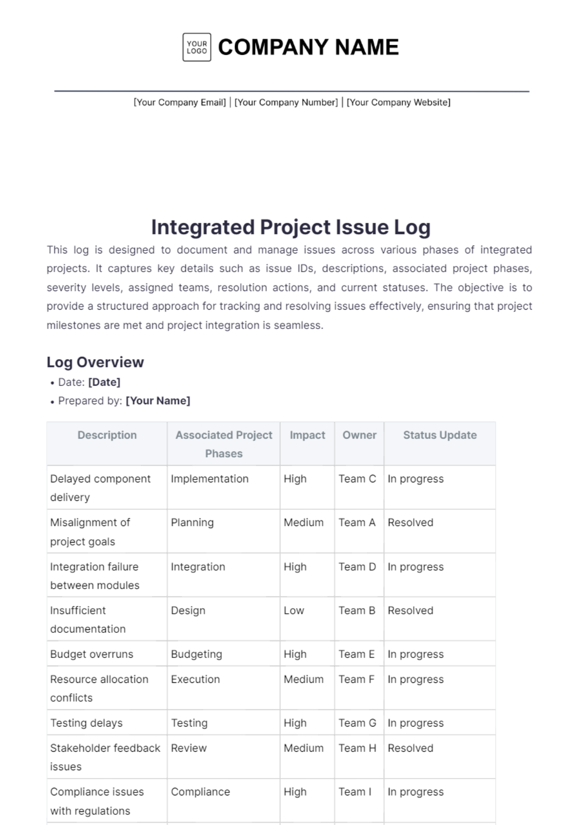 Integrated Project Issue Log Template - Edit Online & Download