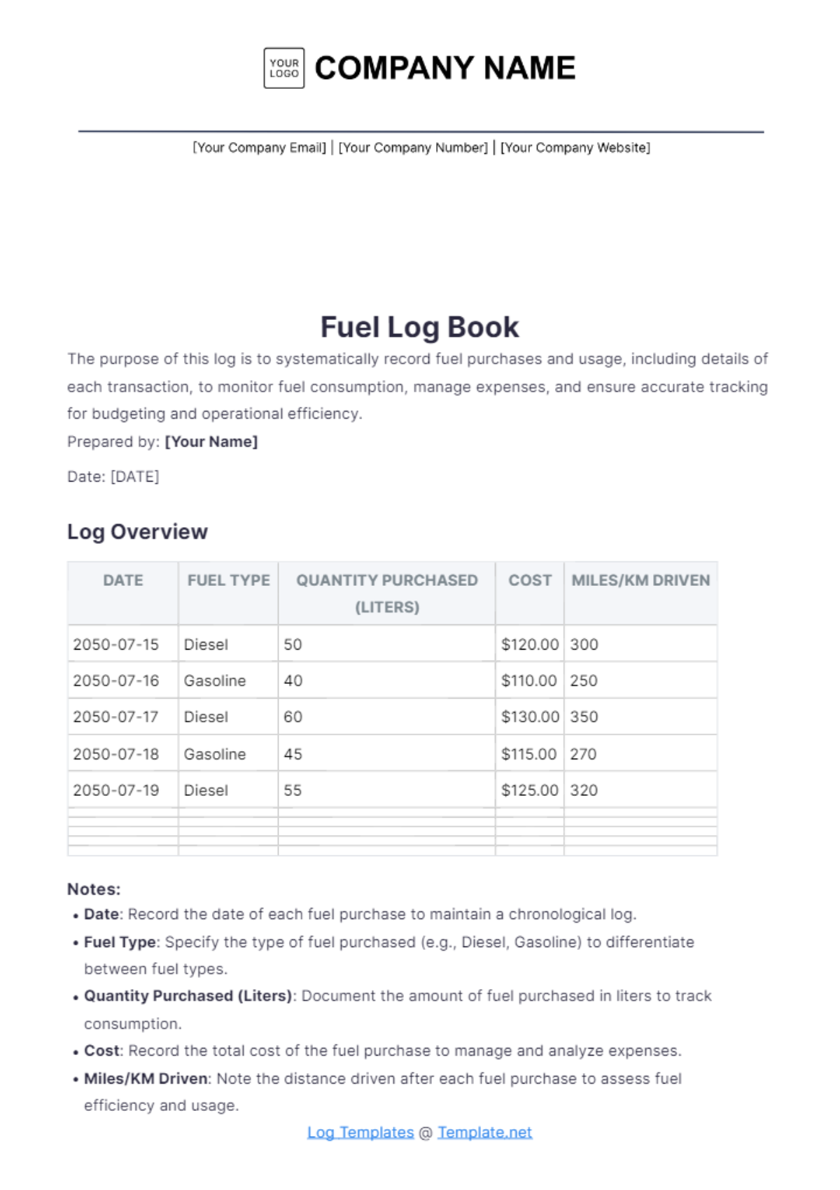 Fuel Log Book Template - Edit Online & Download