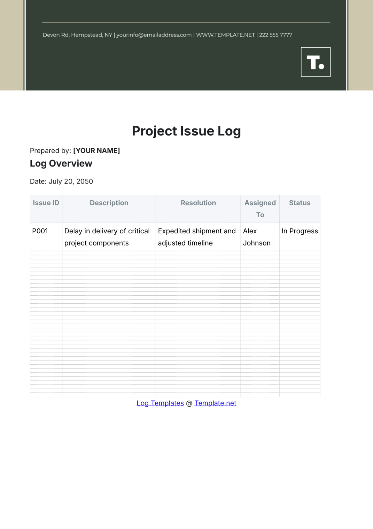 Printable Project Issue Log Template - Edit Online & Download