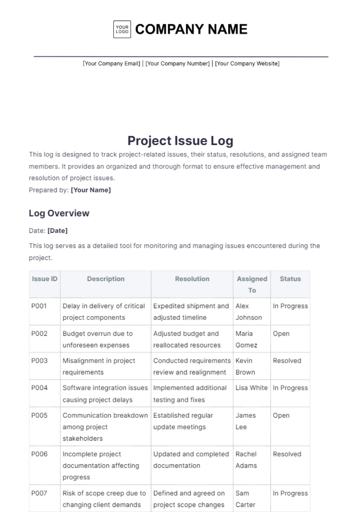 Printable Project Issue Log Template - Edit Online & Download Example ...