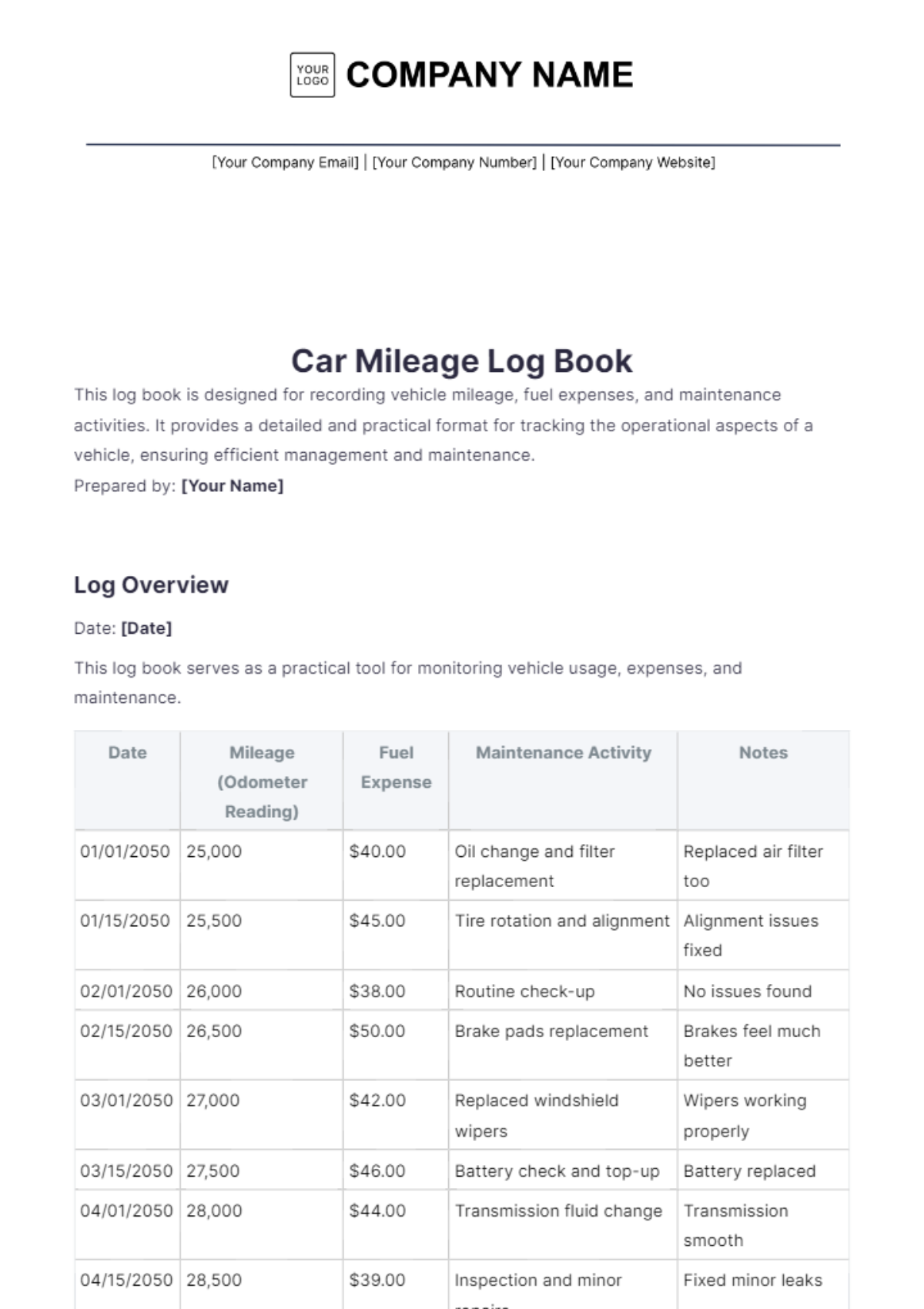 Car Mileage Log Book Template