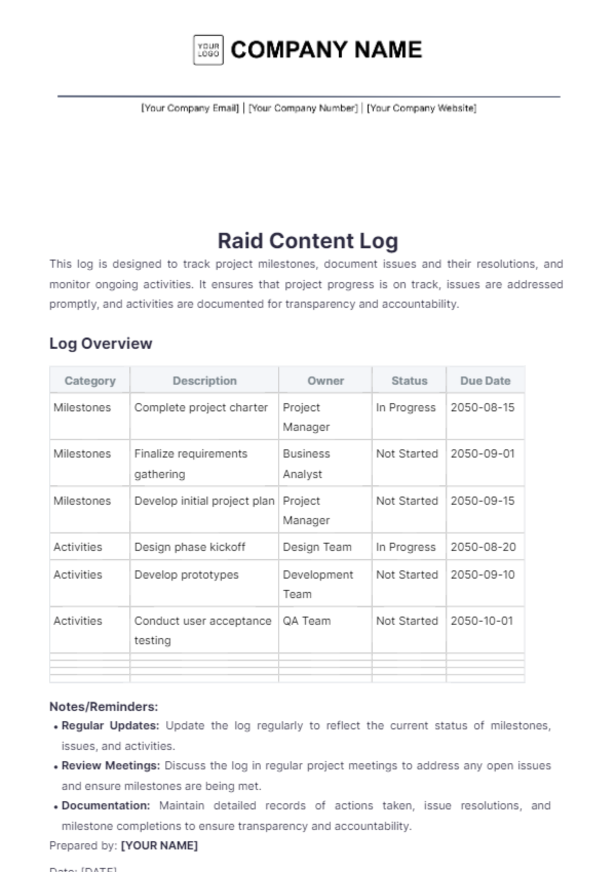 Raid Content Log Template - Edit Online & Download