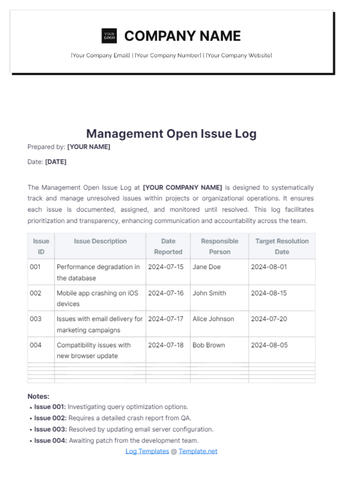 Management Open Issue Log Template