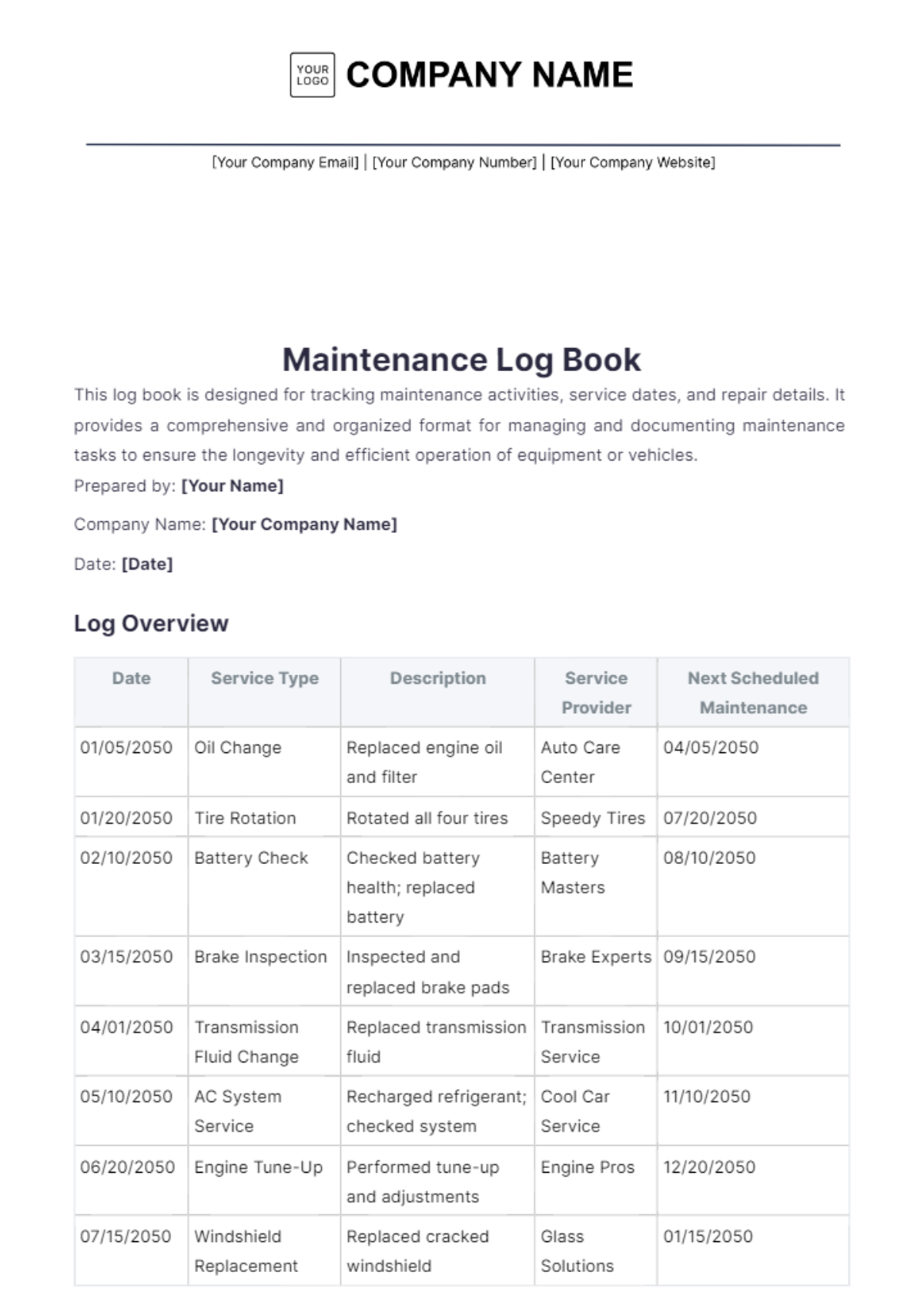 Maintenance Log Book Template