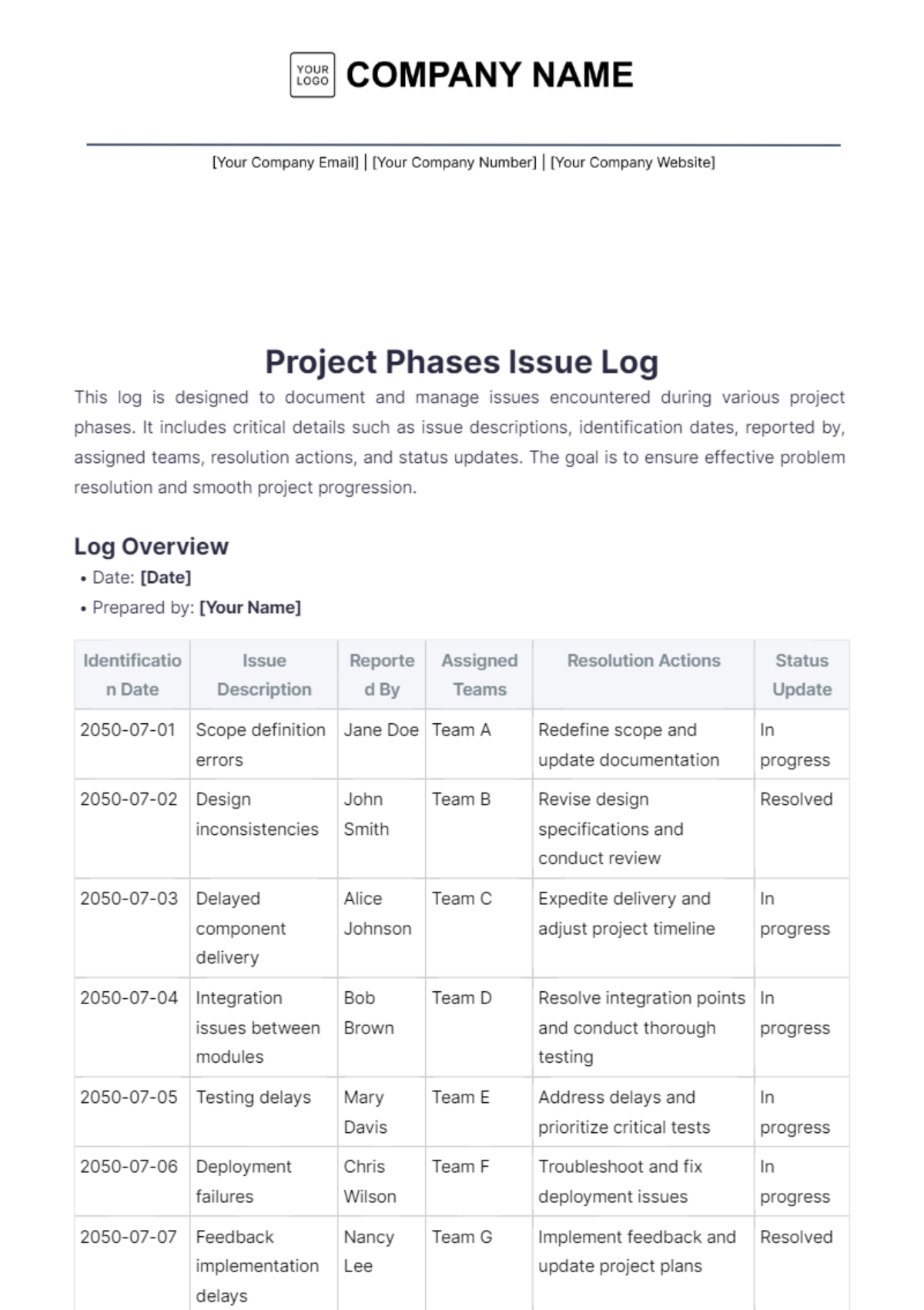 Project Phases Issue Log Template - Edit Online & Download