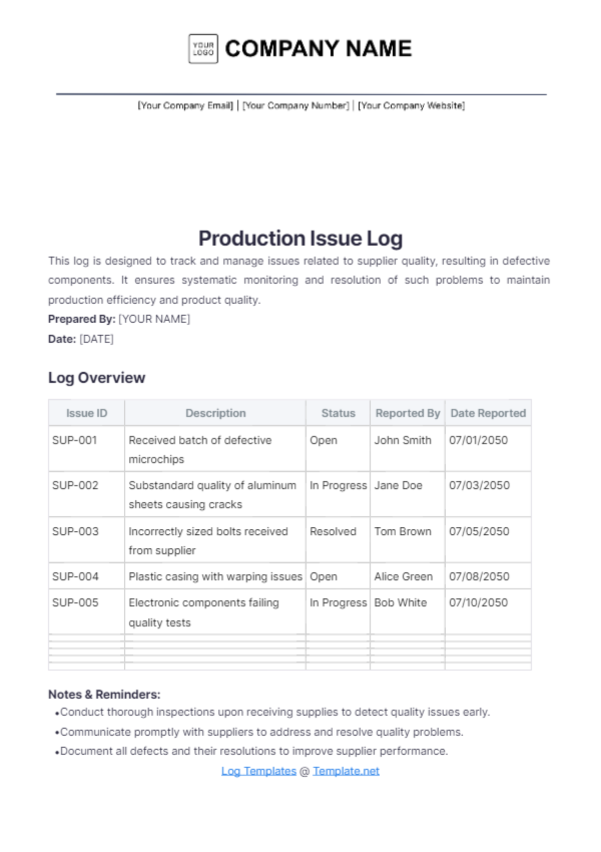 Production Issue Log Template