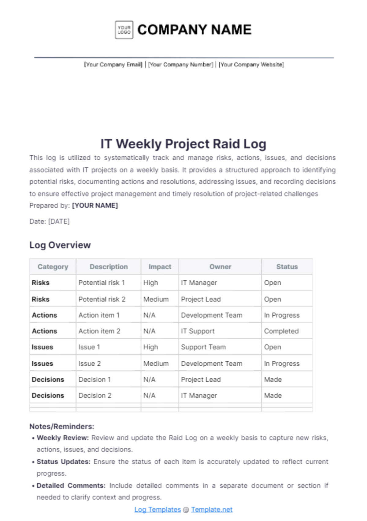 IT Weekly Project Raid Log Template - Edit Online & Download