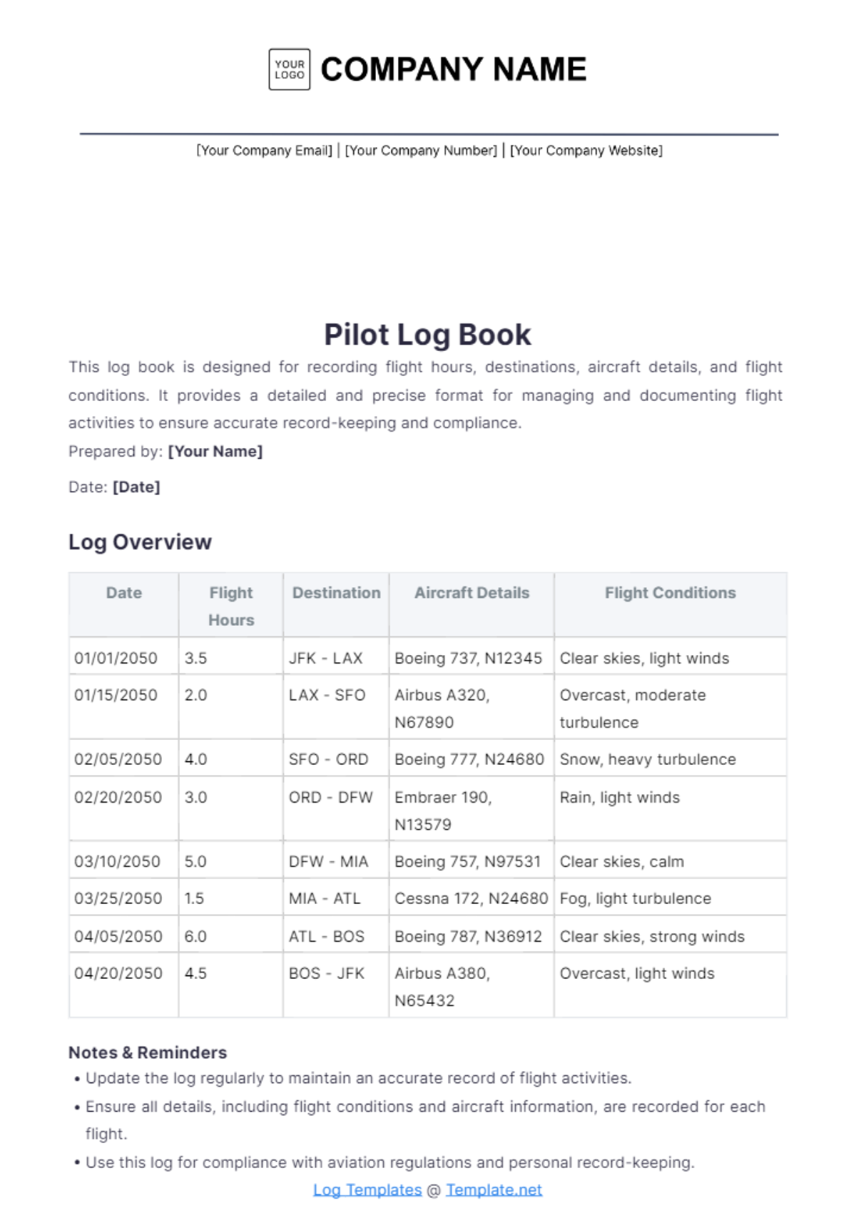 Pilot Log Book Template