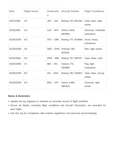 Free Pilot Log Book Template to Edit Online