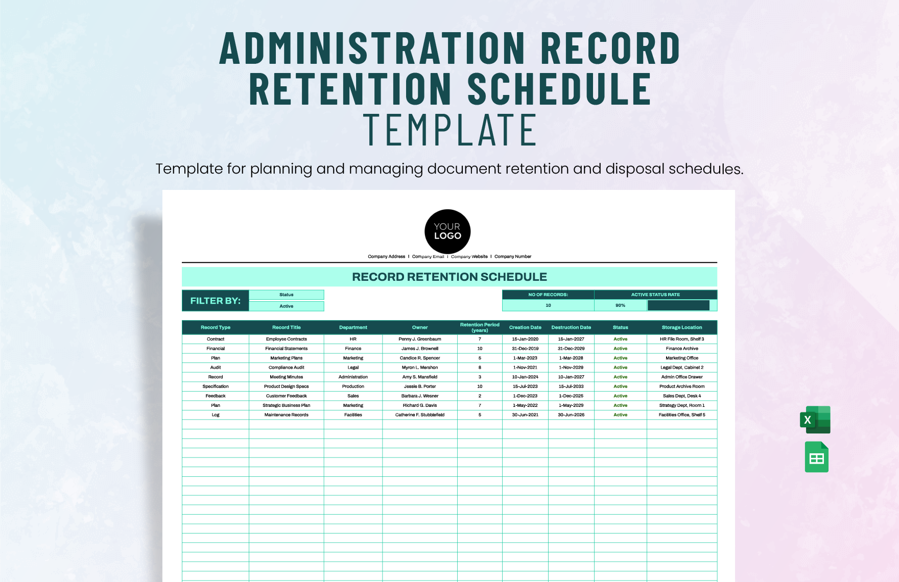 Administration Record Retention Schedule Template in Excel, Google Sheets