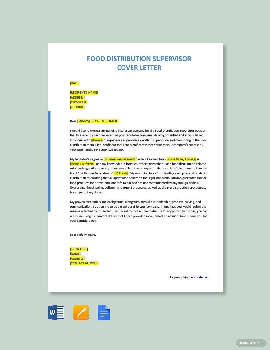 Food Distribution Supervisor Cover Letter Template