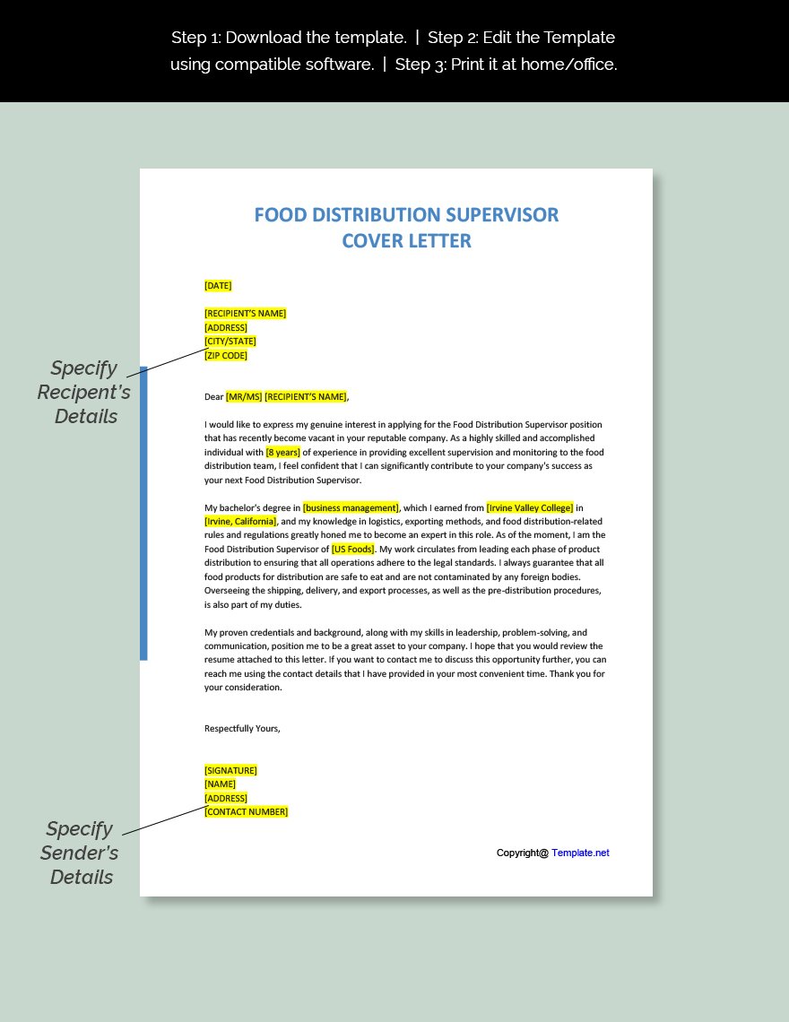 Food Distribution Supervisor Cover Letter Template