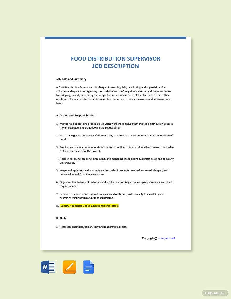 Food Distribution Supervisor Job Ad/Description Template