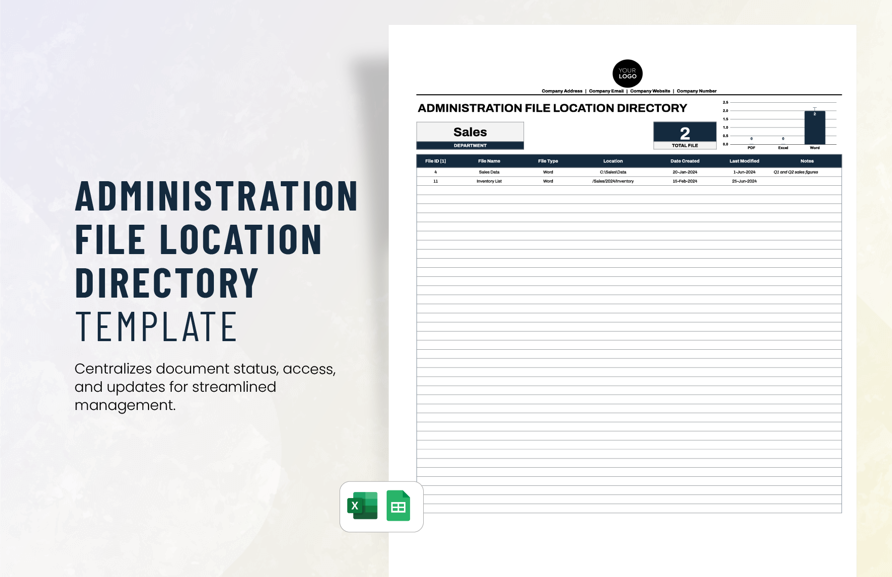 Administration File Location Directory Template in Excel, Google Sheets