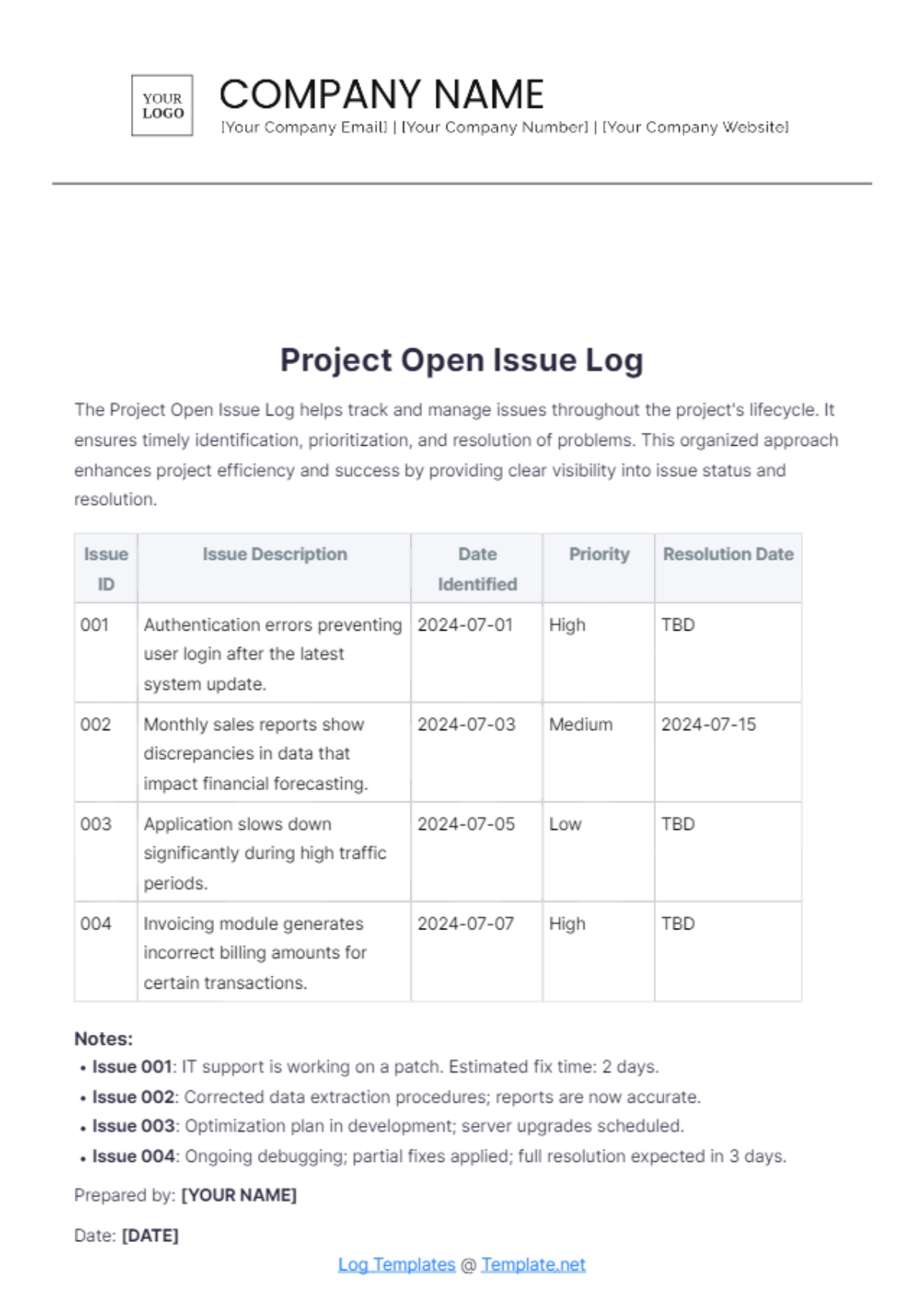 Project Open Issue Log Template - Edit Online & Download