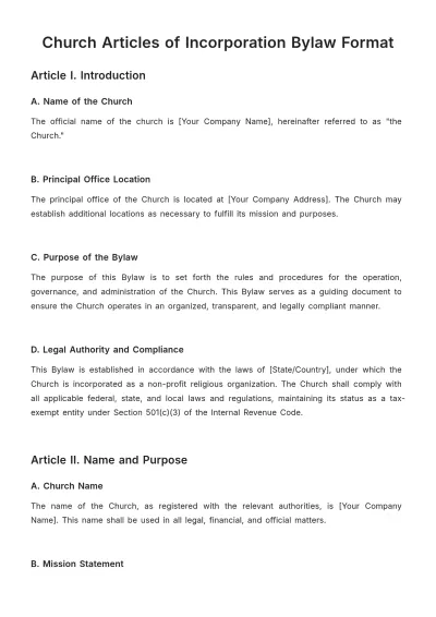 Free Church Articles of Incorporation Bylaw Format Template to Edit Online