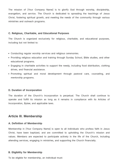 Free Church Articles of Incorporation Bylaw Format Template to Edit Online