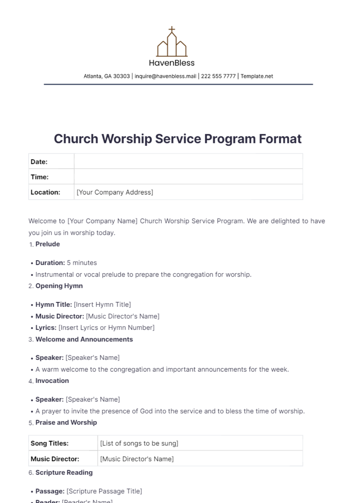 Free Church Worship Service Program Format Template - Edit Online ...