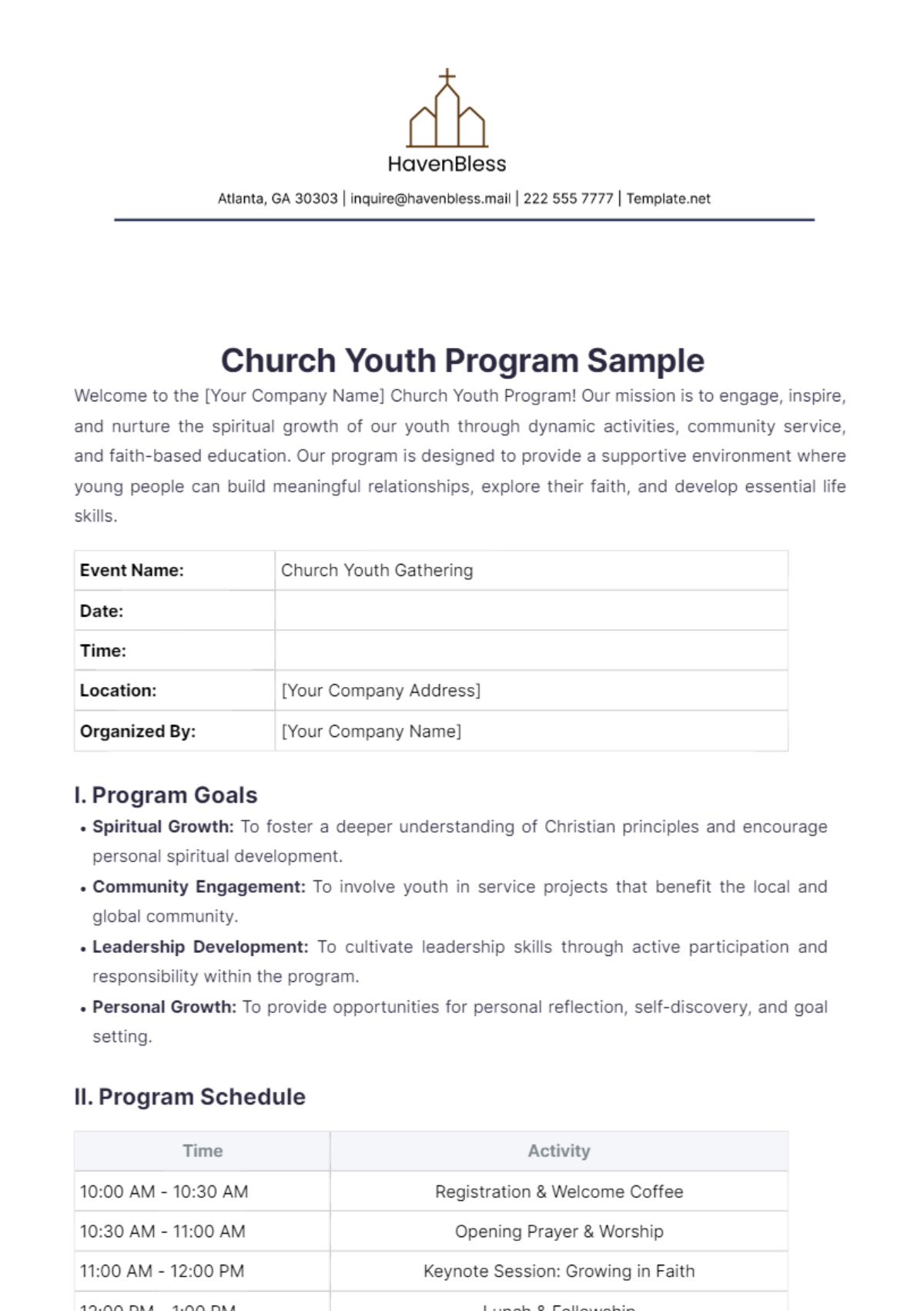 Church Youth Program Sample Template - Edit Online & Download