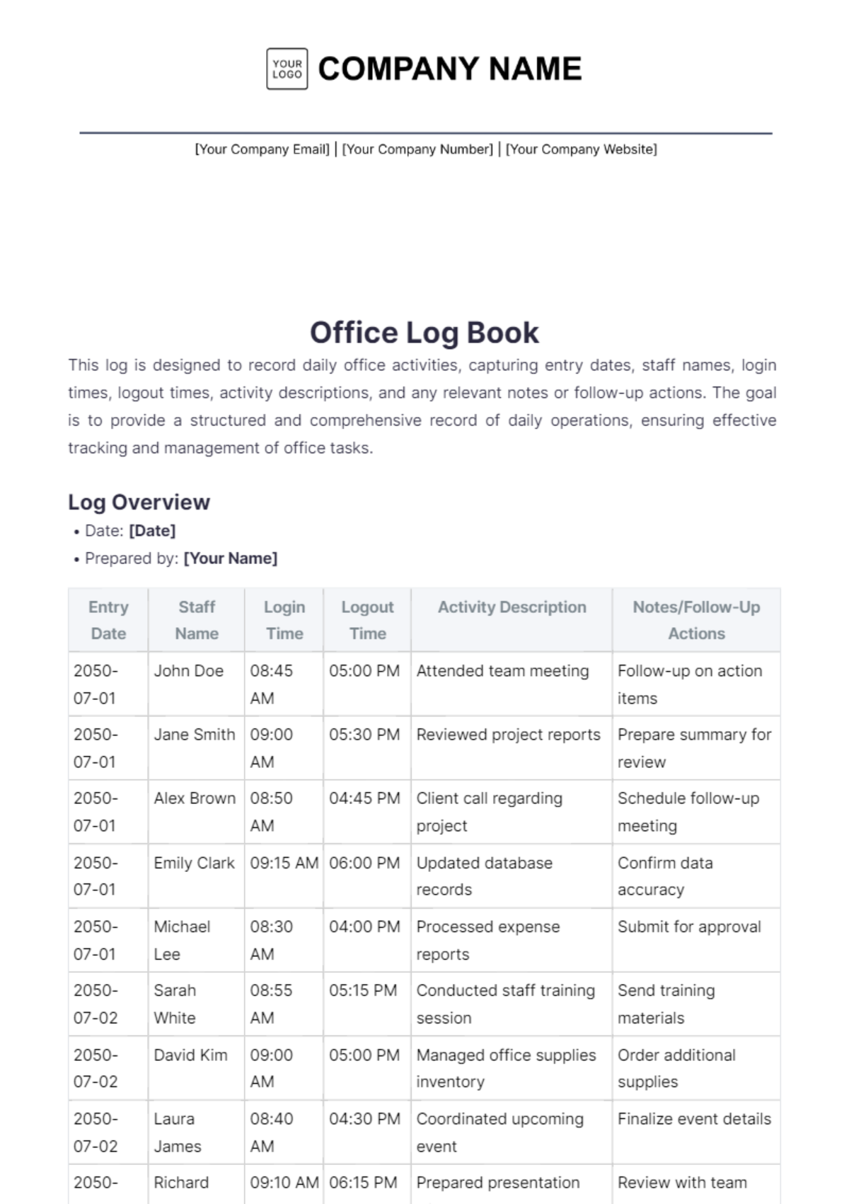 Office Log Book Template