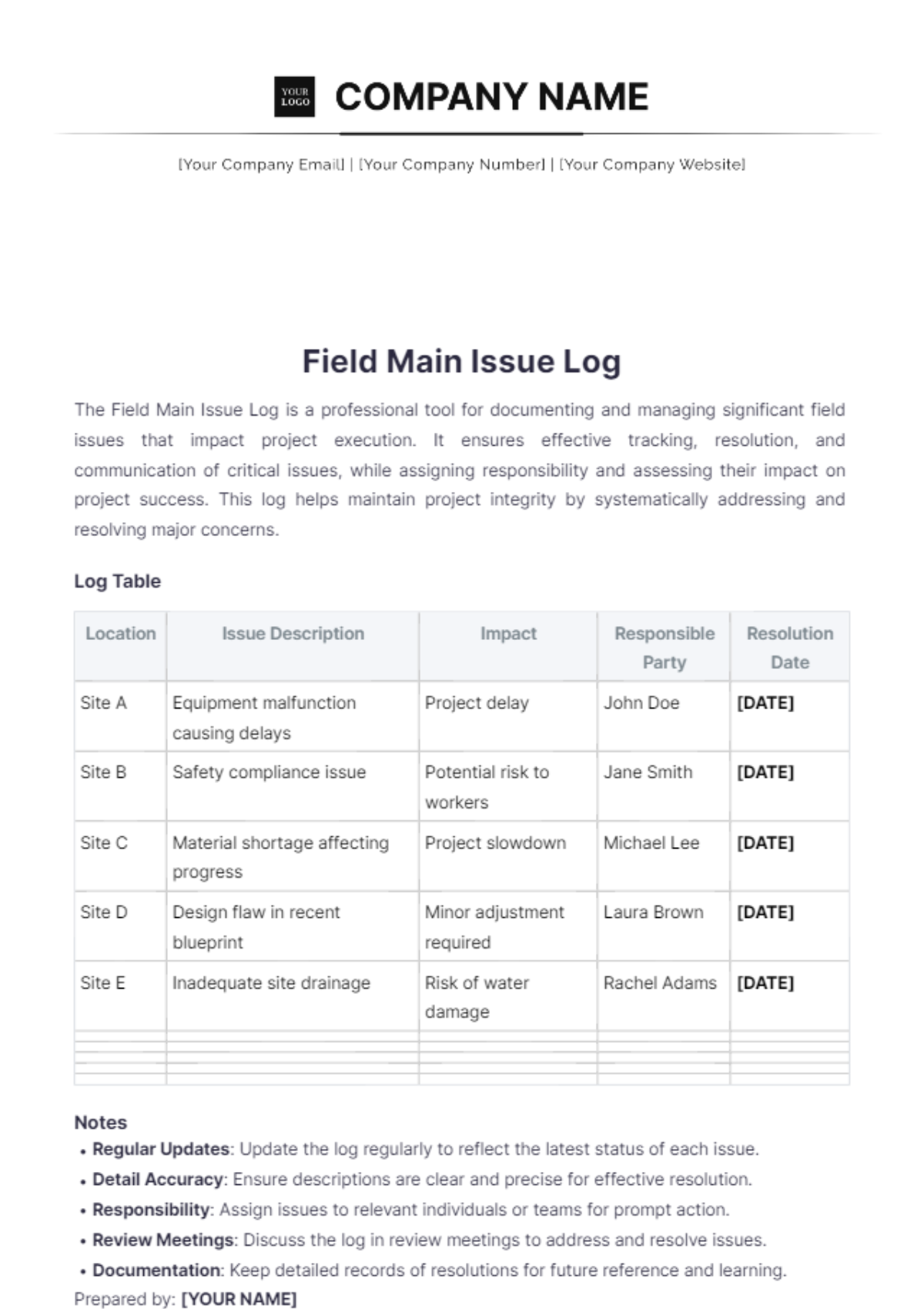 Field Main Issue Log Template