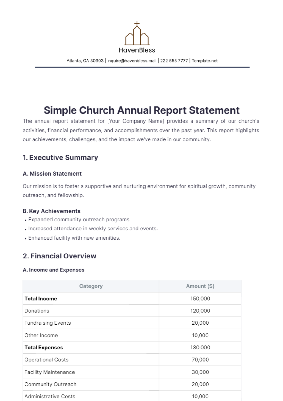 Simple Church Annual Report Statement Template - Edit Online & Download