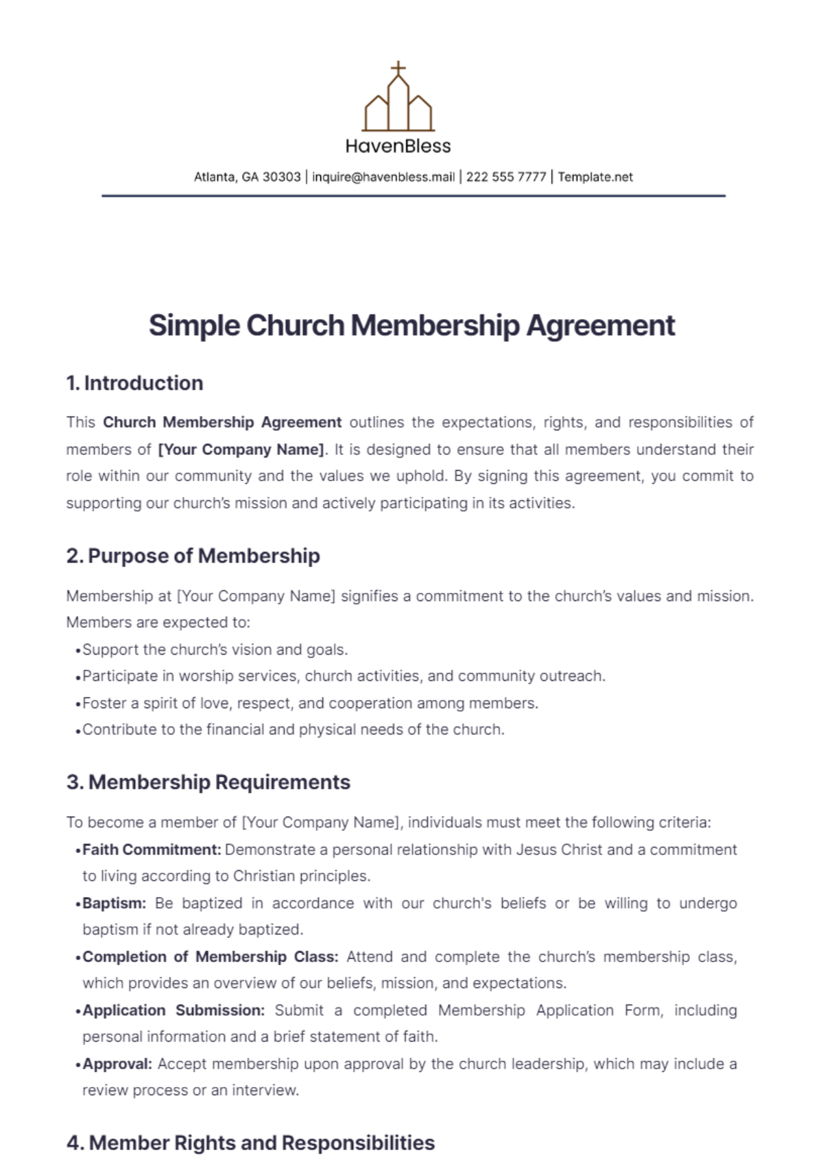 Simple Church Membership Agreement Template - Edit Online & Download