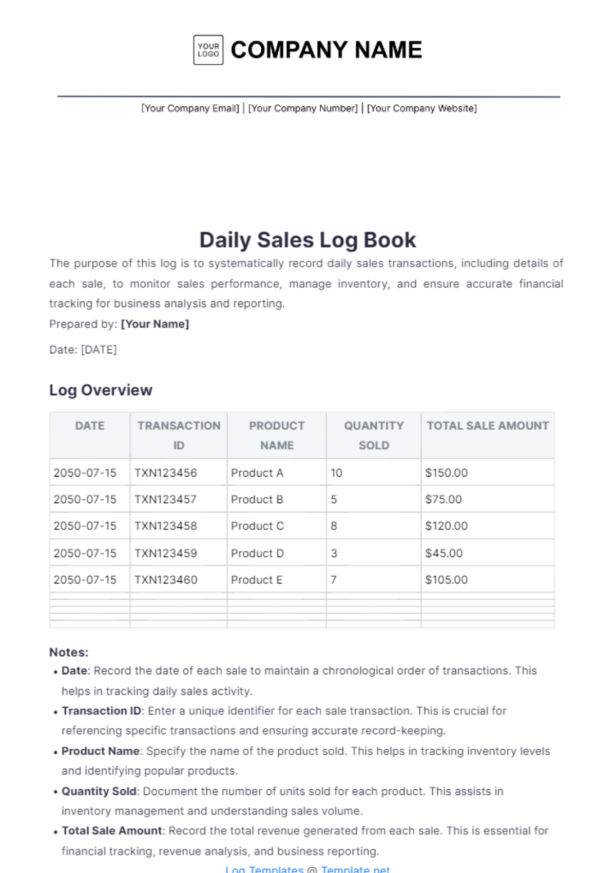 Daily Sales Log Book Template - Edit Online & Download