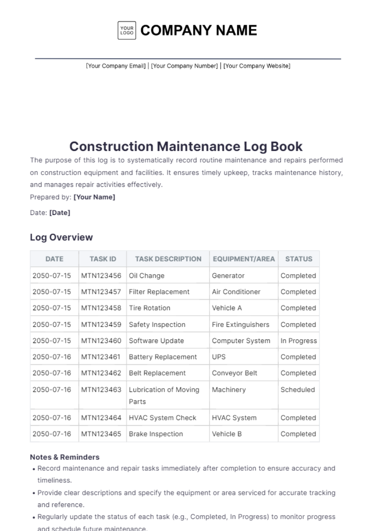 Construction Maintenance Log Book Template