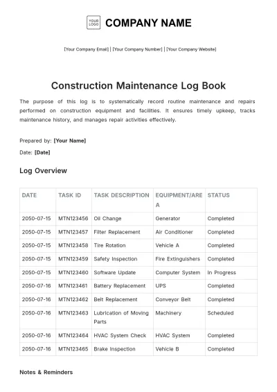 Free Construction Maintenance Log Book Template to Edit Online